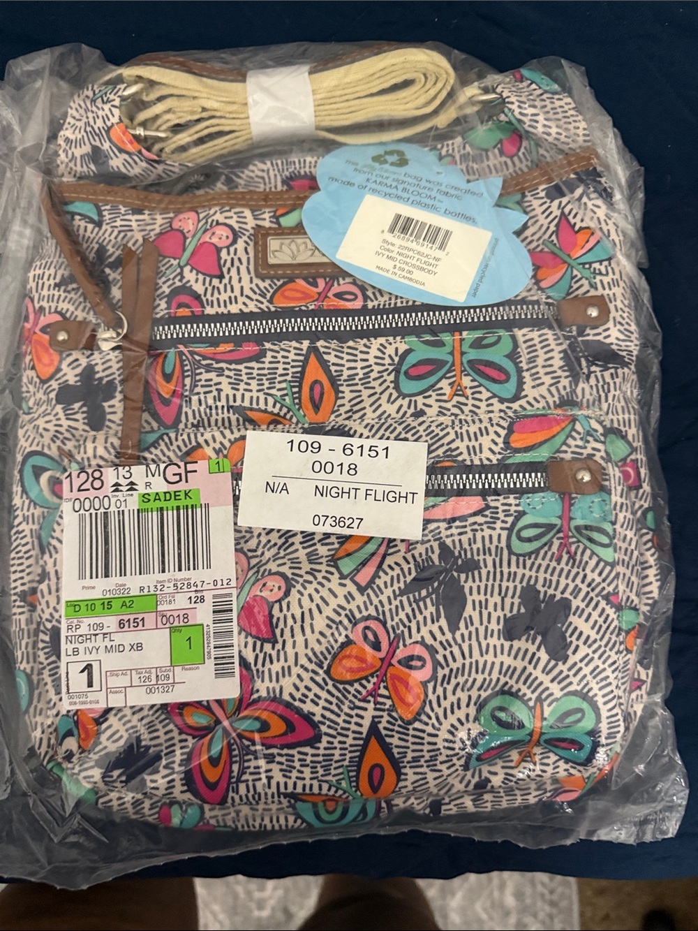 Butterfly Print Crossbody Bag in Cream, Teal & Pink